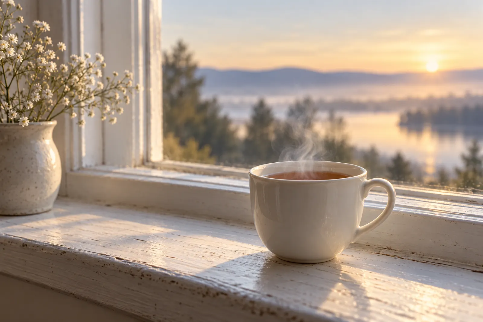 Csésze tea egy fehér ablakpárkányon